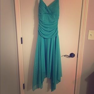 Asymmetrical aqua glitter prom dress